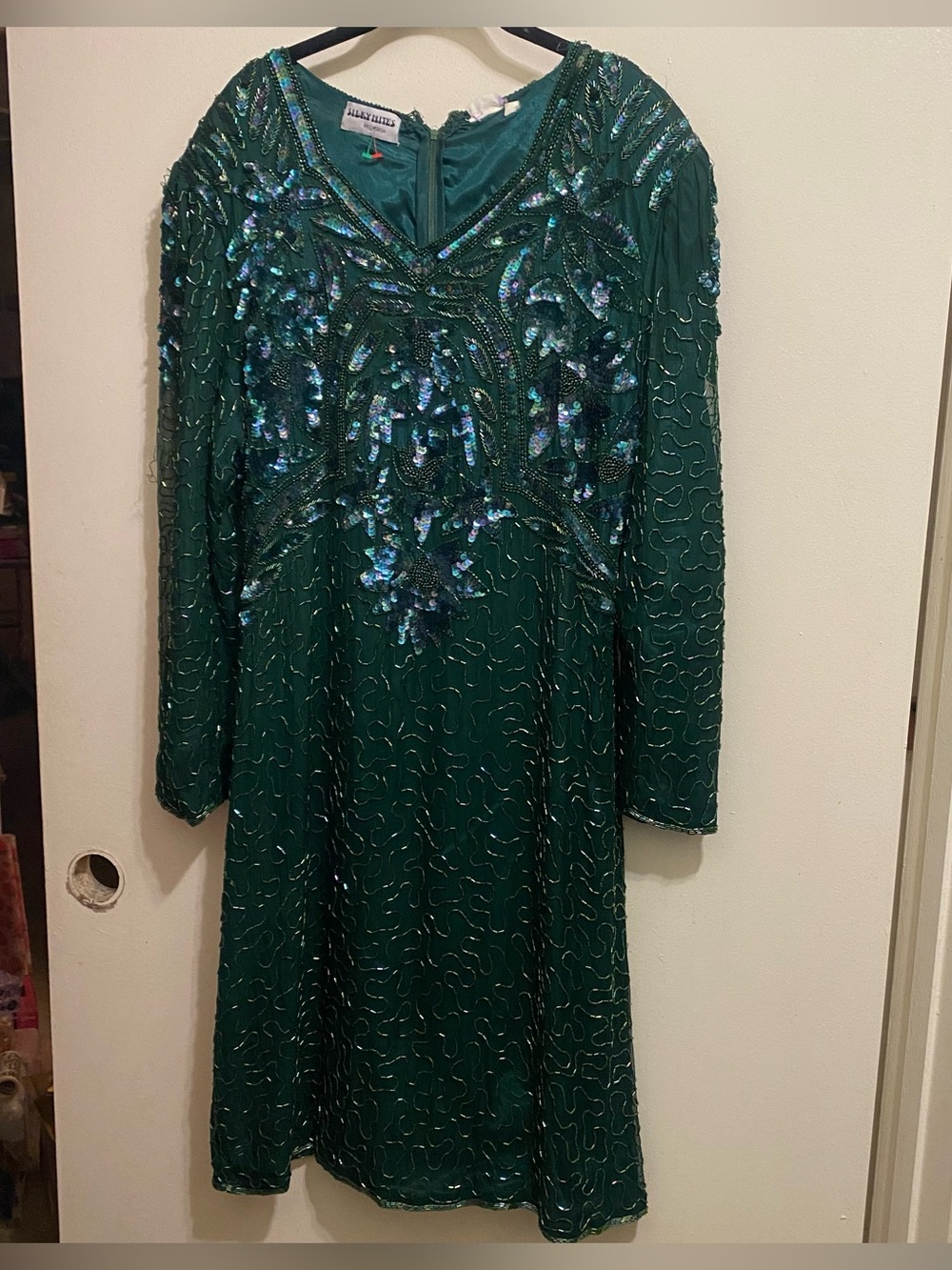 Vintage Silky Nites XL Womens Midi Dress Emerald Green Sequins  Beaded Formal